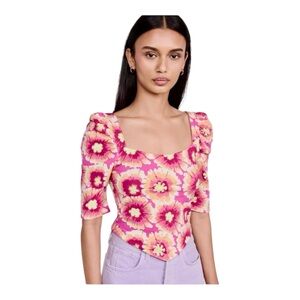 Retail $68! Free People Pink Floral Puff Sleeve Open Back Top NWT! Small